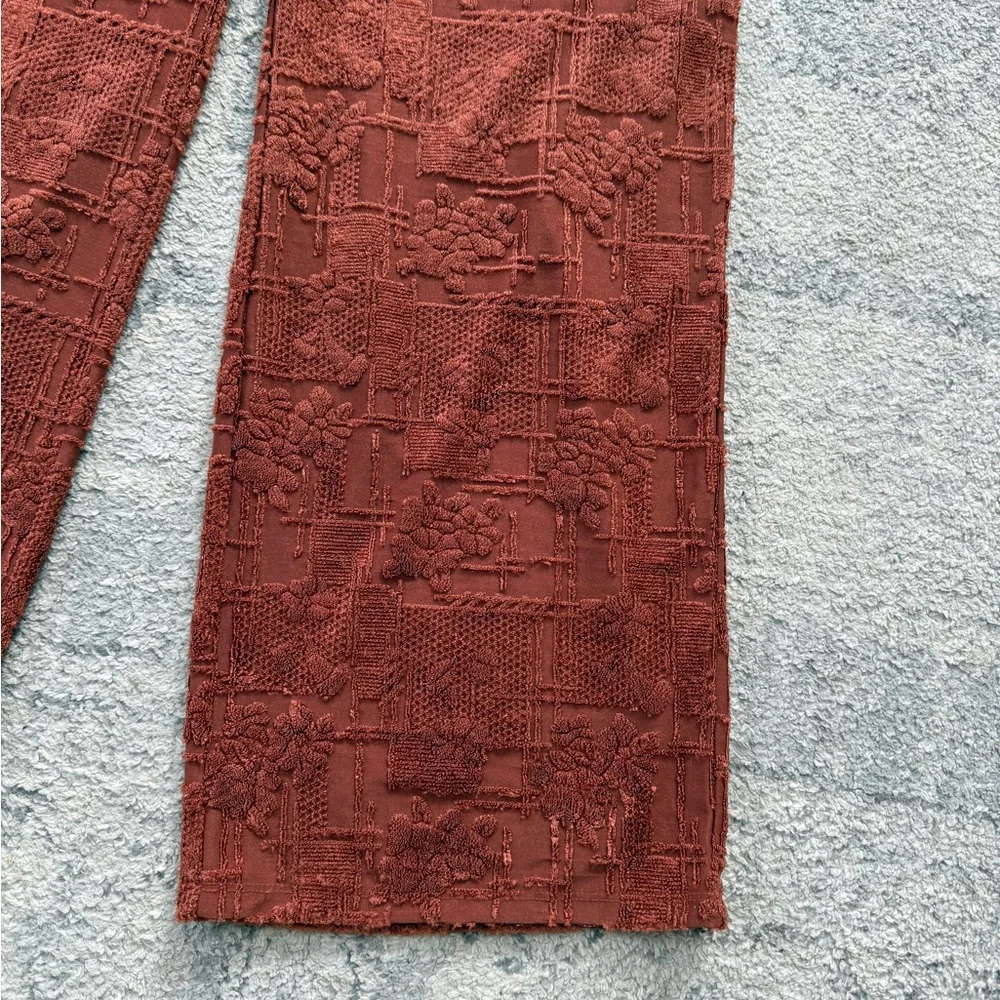 ZARA Women’s Rust Textured Jacquard Wide-Leg Pants Boho Floral Lounge Trousers M - Picture 6 of 12